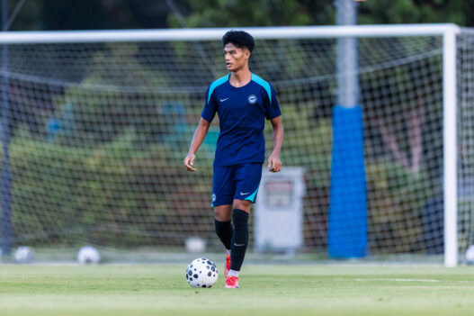 Young male soccer player on the field with a ball near the goalpost.