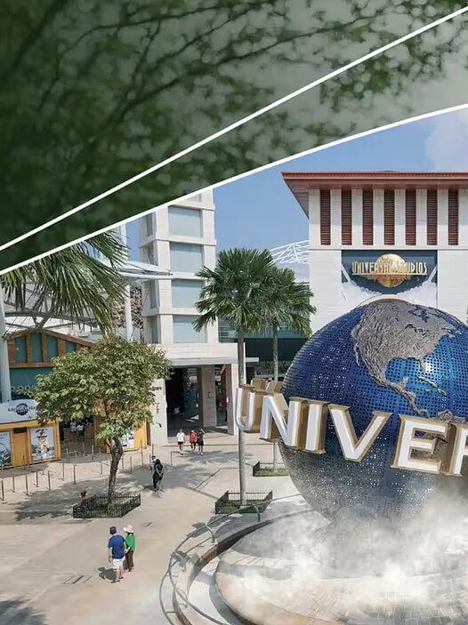 Universal Studios Singapore entrance with iconic globe and modern architecture, surrounded by lush g.